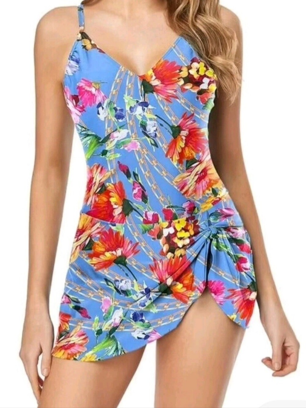 Blue Floral Halter One-Piece Swimsuit